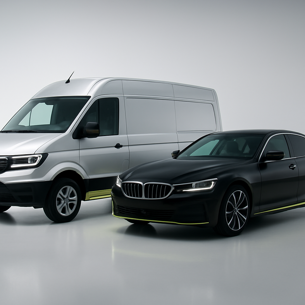 Moderner Firmenfuhrpark – Transporter und Dienstwagen in heller Premium-Optik